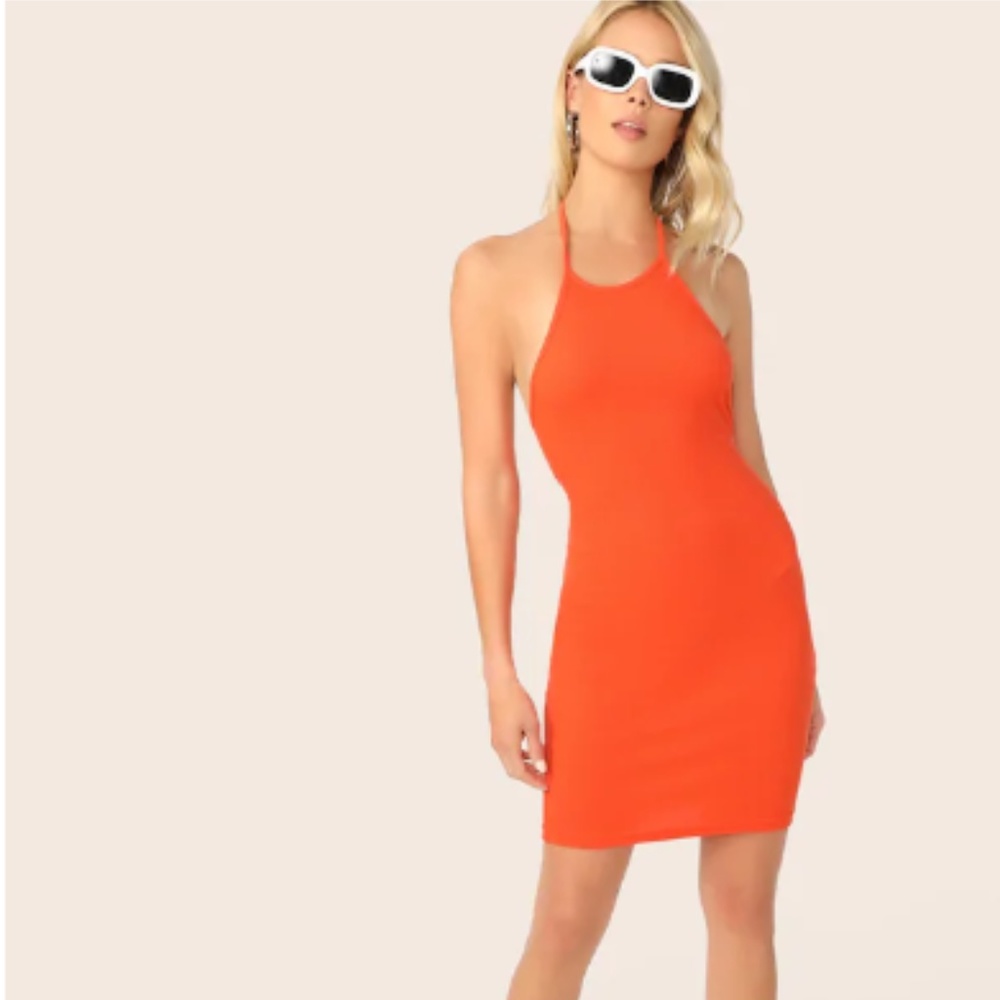 Sexy  Neon Orange Rib-Knit Backless Halter Dress